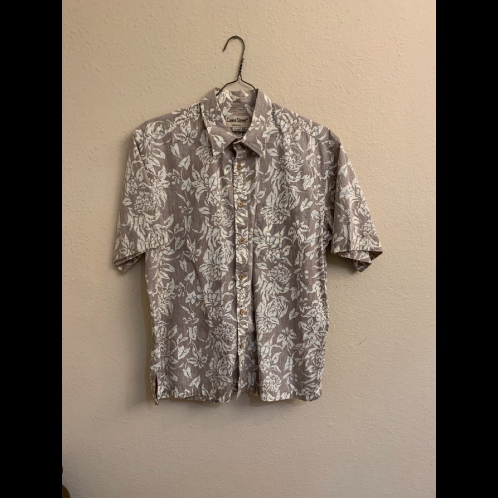 Cooke Street Men's Hawaiian Aloha Shirt Tan Cream Floral Reverse Print Large